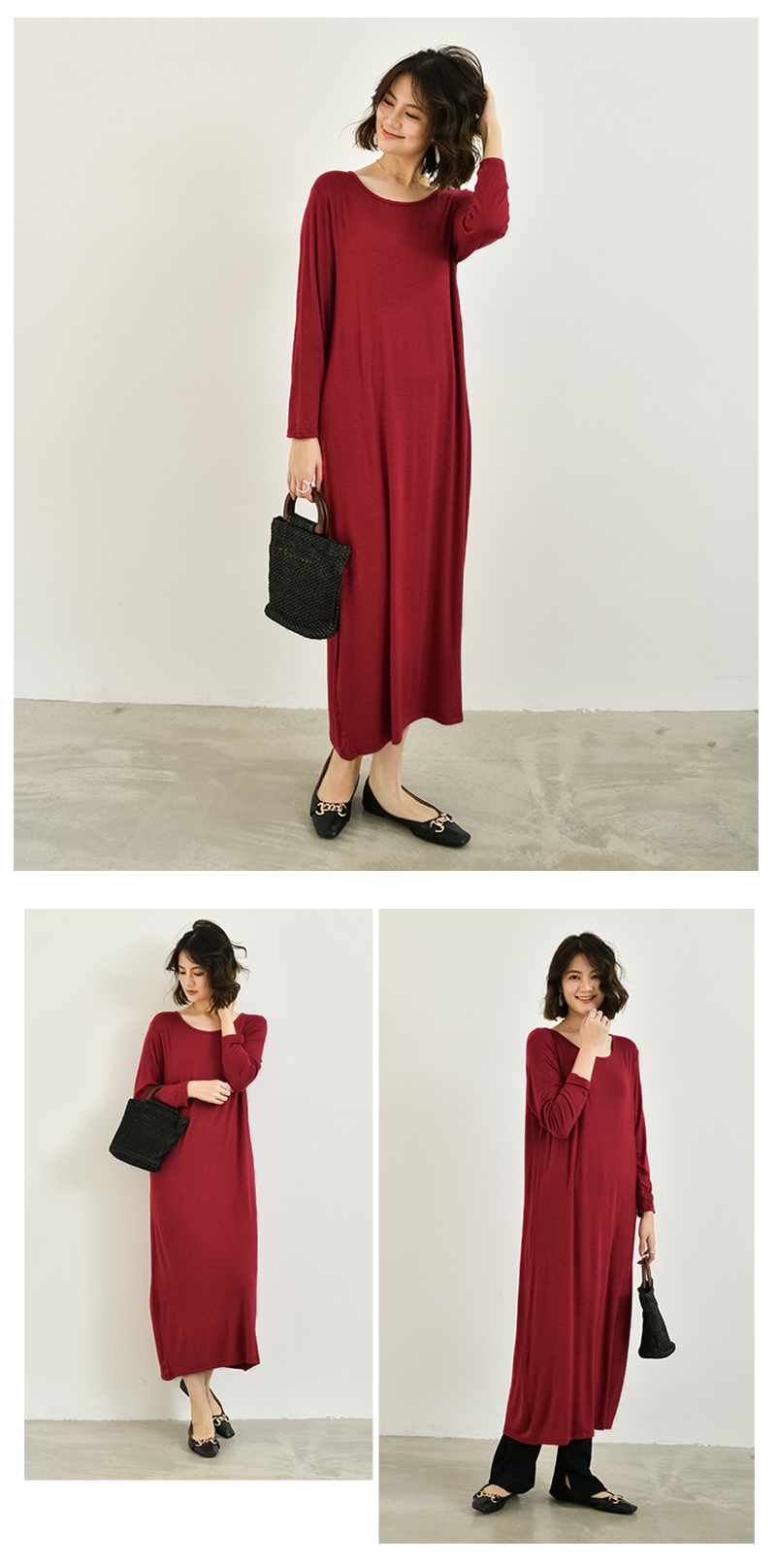 寬鬆圓領莫代爾長袖休閒連身裙洋裝 M-XL 4色任選