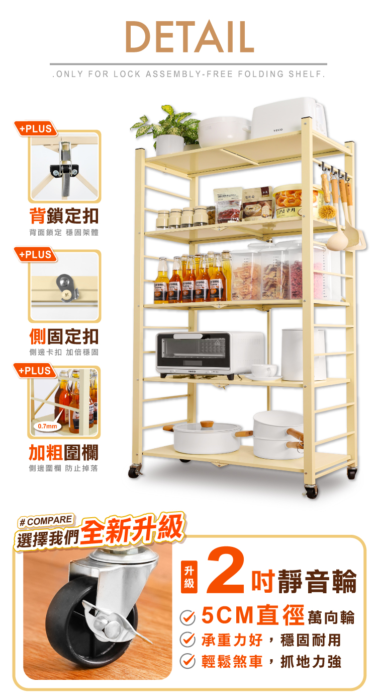 【ANDYMAY2】70寬五層加固款_洛克免組裝折疊廚房架-繽紛款
