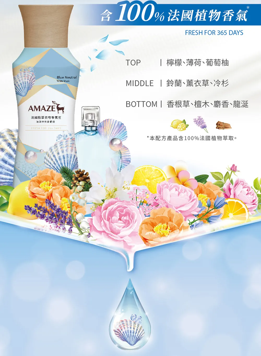 AMAZE 法國植萃衣物香氛豆 1瓶450ml+2個補充包350ml (玫瑰淡香水/海洋中性白麝香可選)