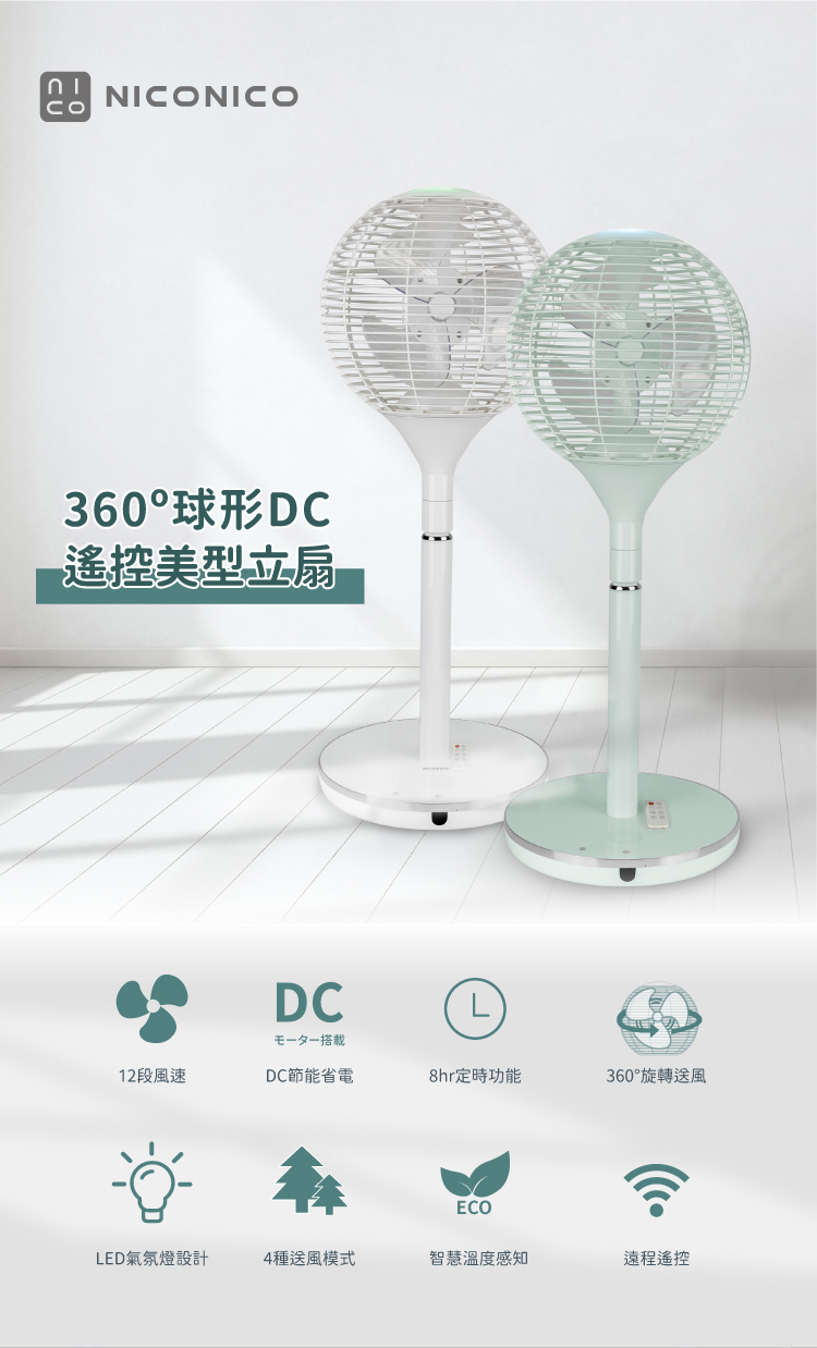 【NICONICO】360°球形DC遙控美型立扇NI-S2011