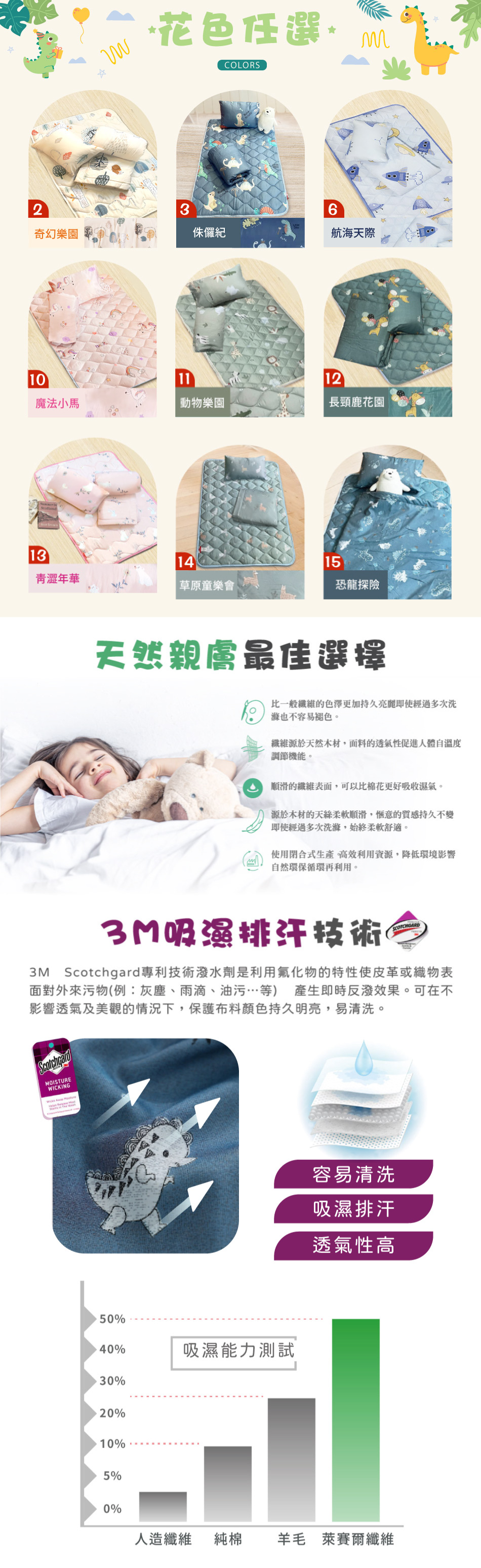 3M吸濕排汗-萊賽爾天絲 兒童睡墊涼被三件組-台灣製