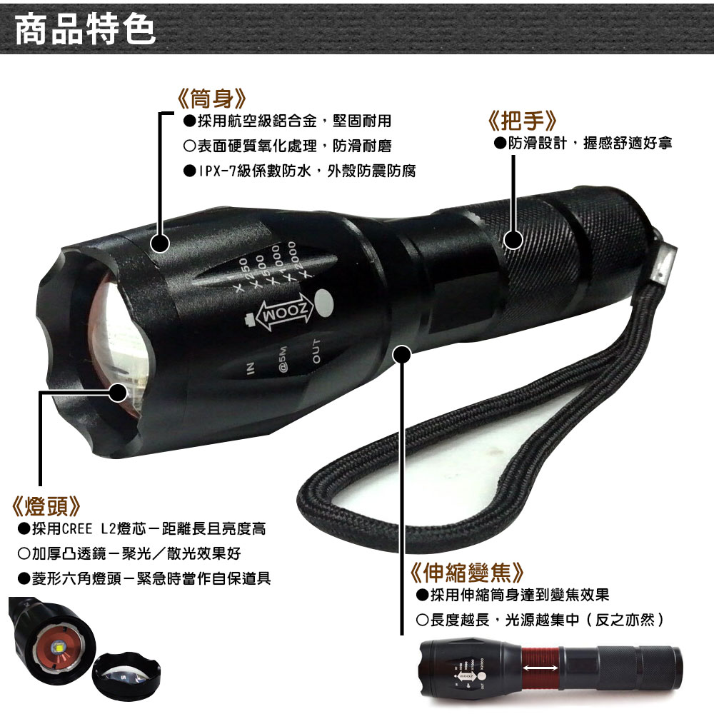 L2防身強光變焦手電筒套組