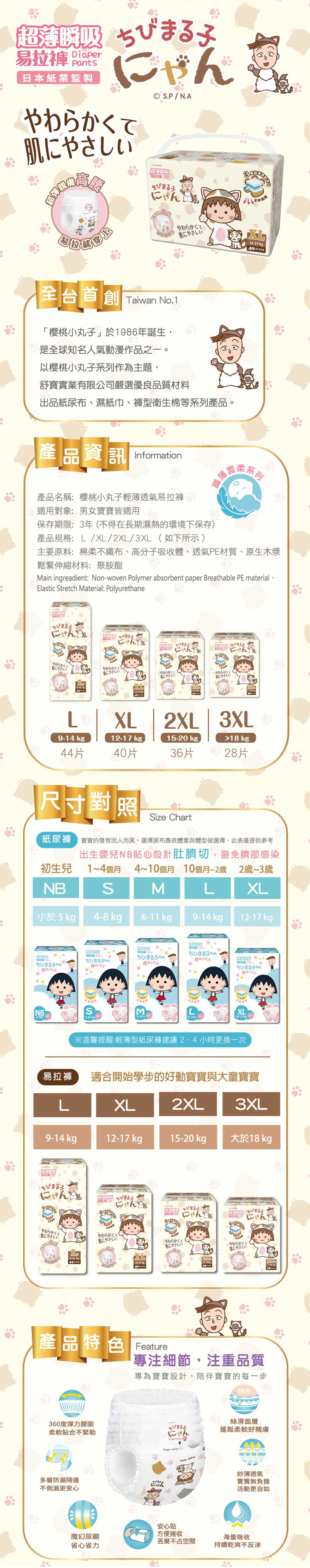 【櫻桃小丸子】超薄瞬吸易拉褲/褲型尿布 紙尿褲 (L/XL/2XL/3XL)