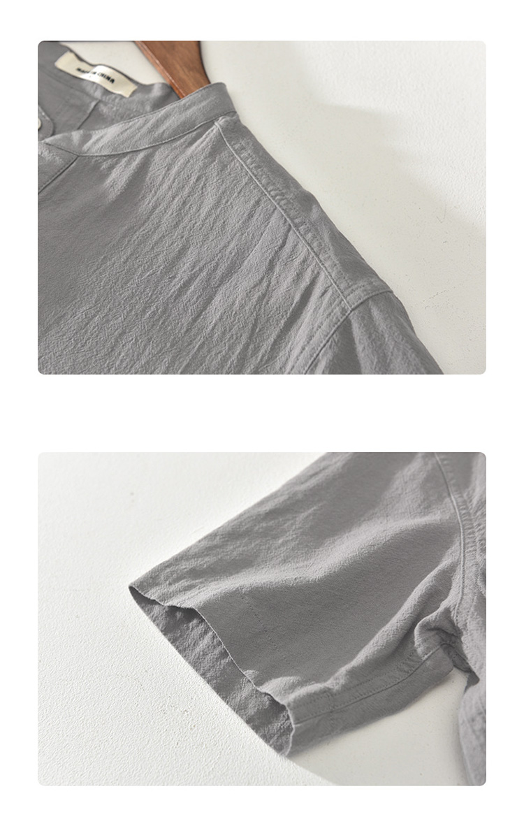 夏季男士復古棉麻立領短袖POLO衫