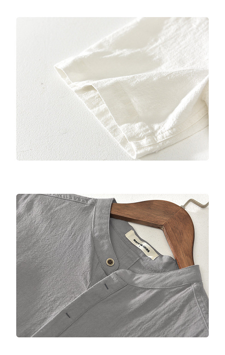 夏季男士復古棉麻立領短袖POLO衫