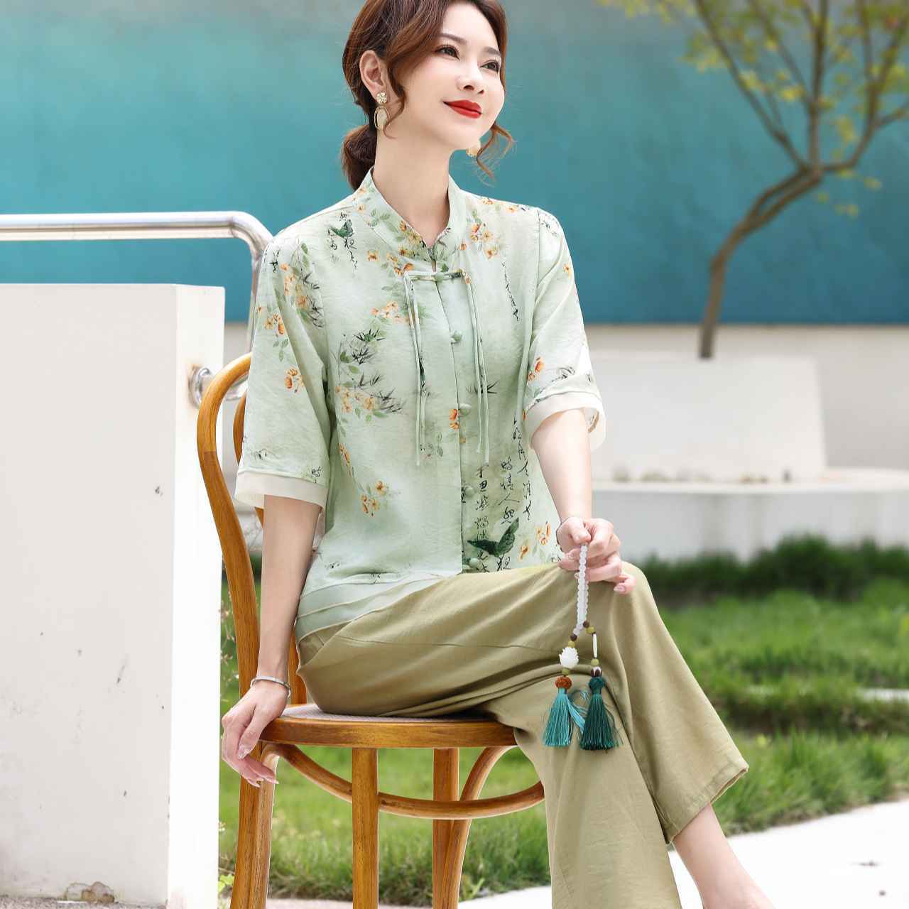 春夏短袖套裝熟女媽媽新中式氣質二件套