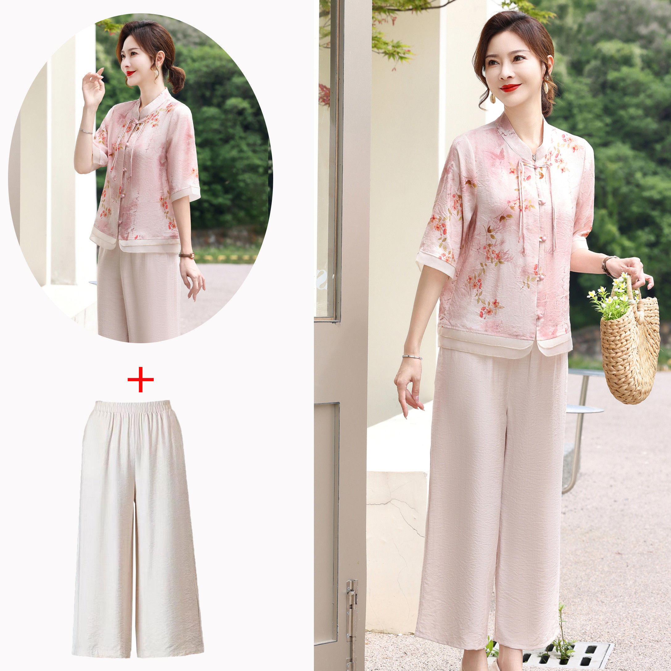 春夏短袖套裝熟女媽媽新中式氣質二件套