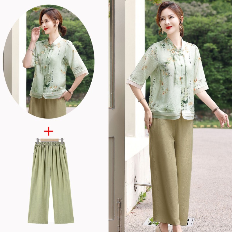 春夏短袖套裝熟女媽媽新中式氣質二件套
