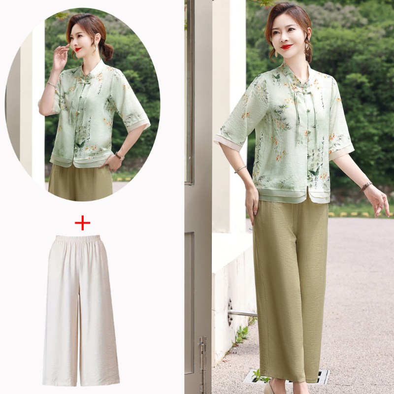 春夏短袖套裝熟女媽媽新中式氣質二件套