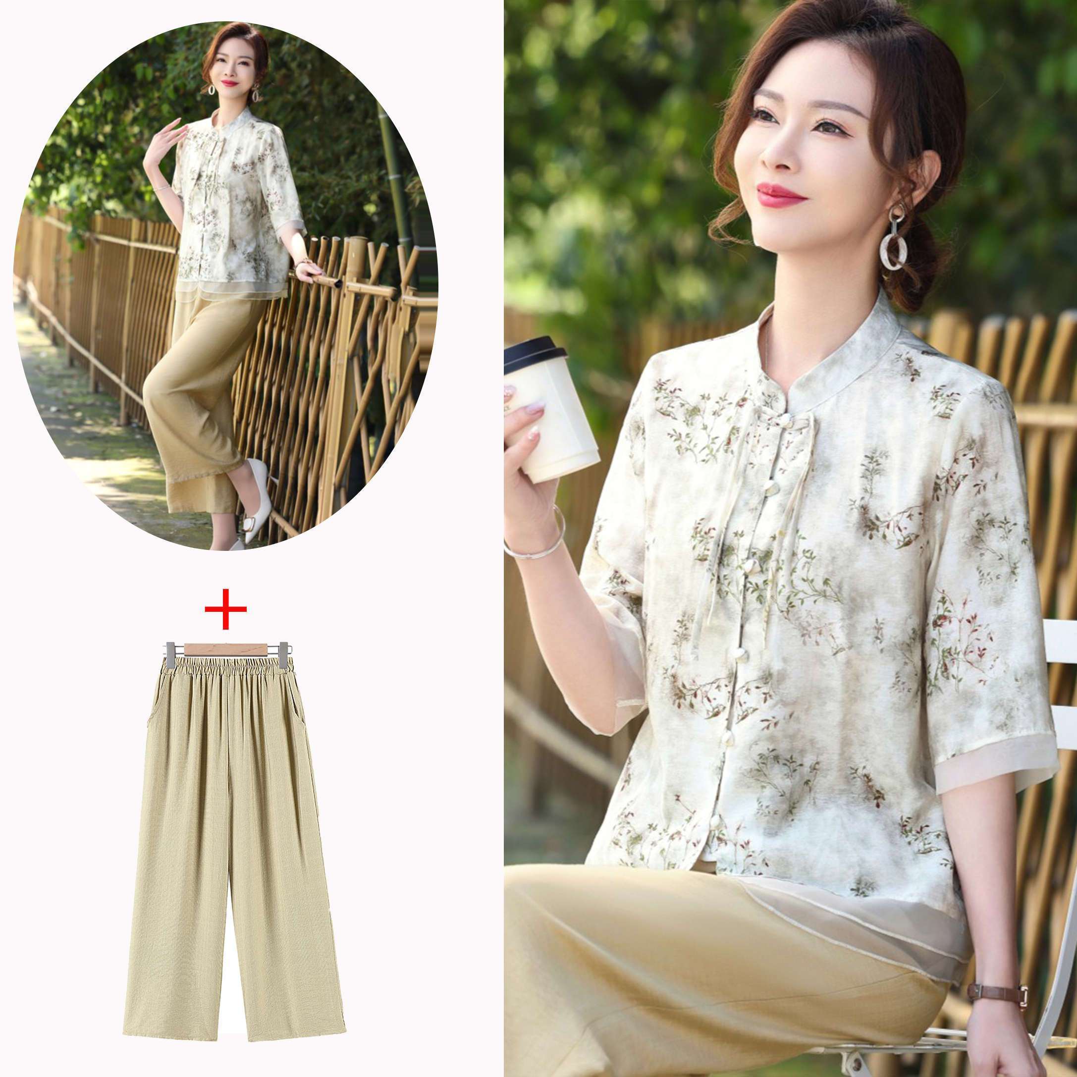 春夏短袖套裝熟女媽媽新中式氣質二件套