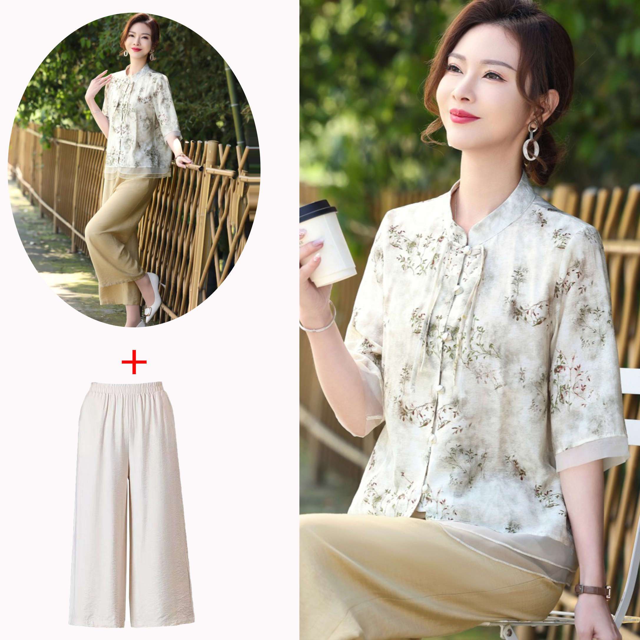 春夏短袖套裝熟女媽媽新中式氣質二件套