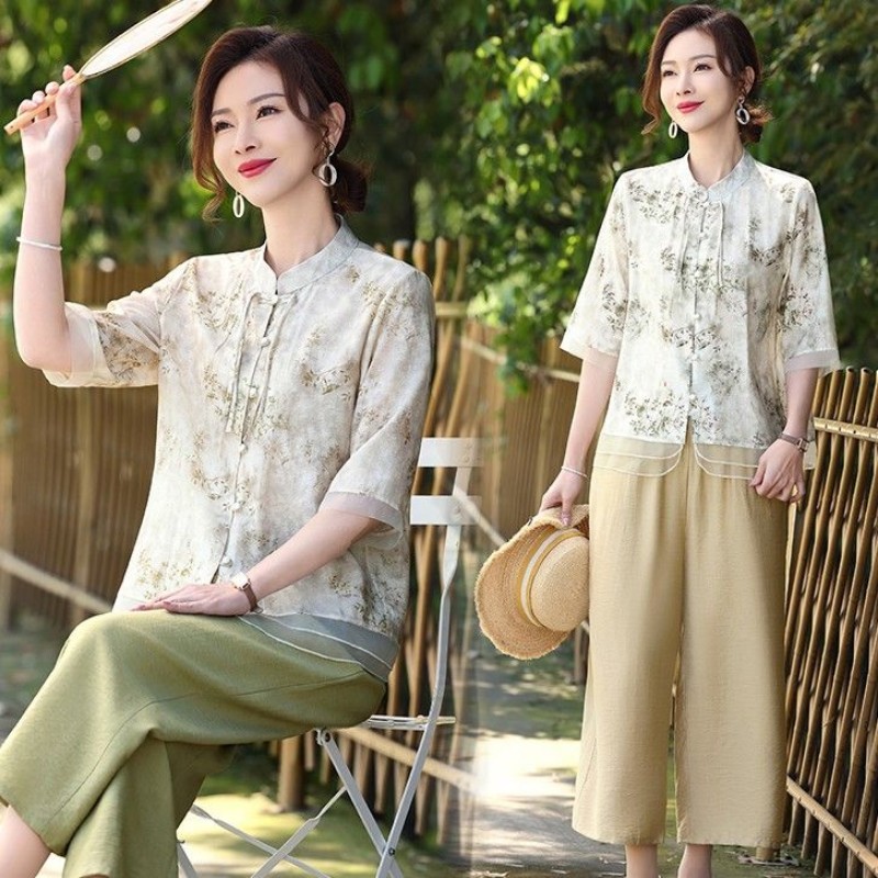 春夏短袖套裝熟女媽媽新中式氣質二件套