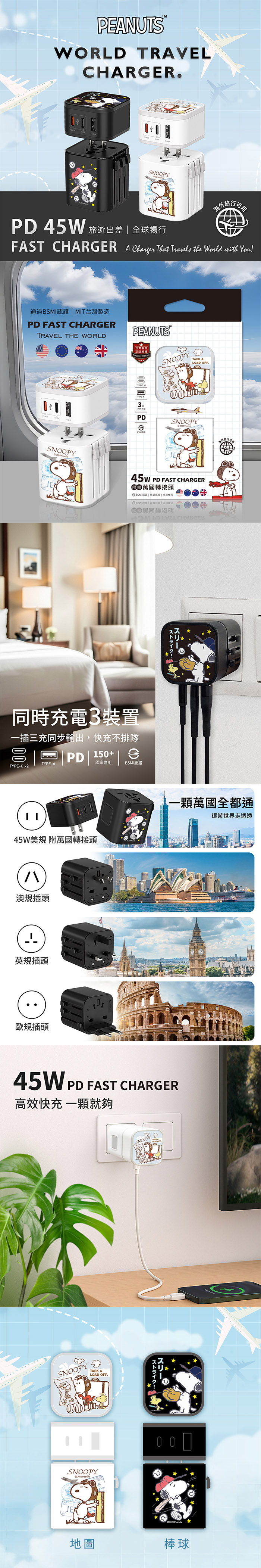 【正版授權】SNOOPY史努比 45W 2C1A旅行電源供應器(含萬國轉接頭)