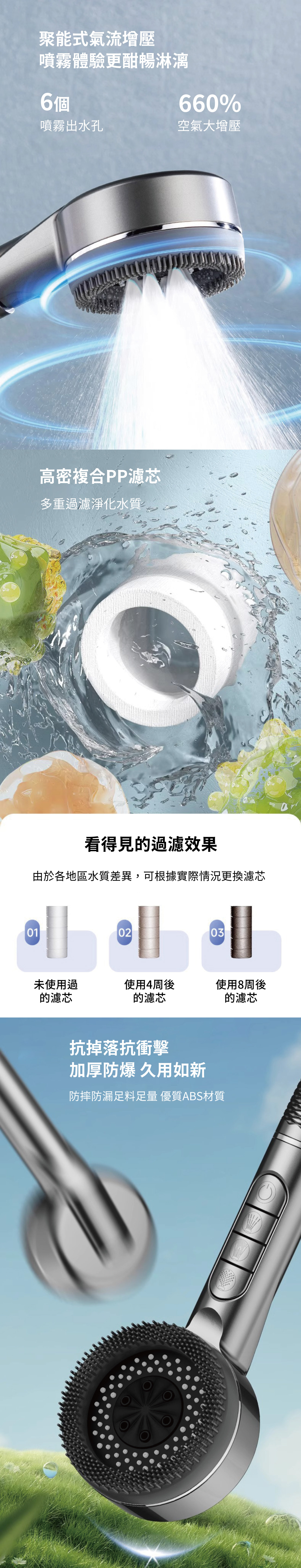 【APEX】按鍵式過濾增壓蓮蓬頭_可拆卸按摩刷頭