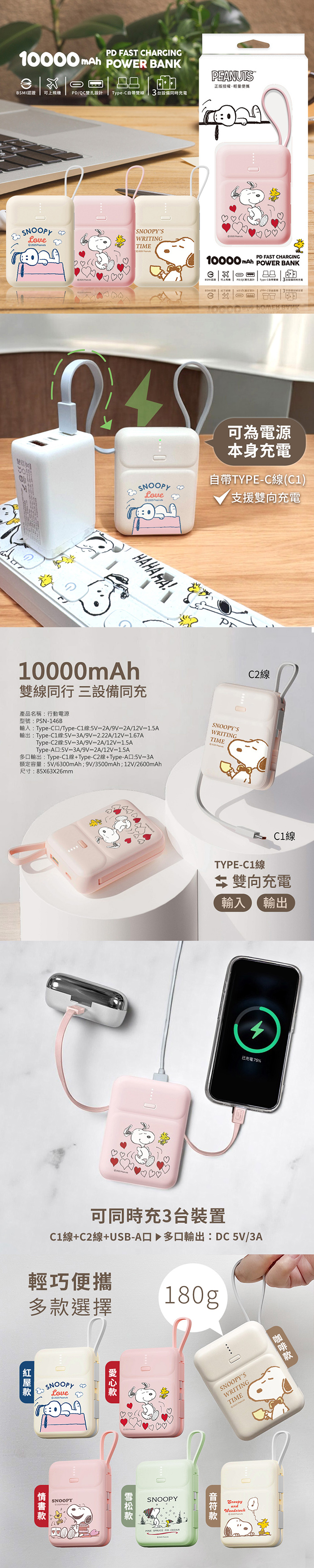 【正版授權】SNOOPY史努比 PD快充 雙線Q寶行動電源 10000mAh