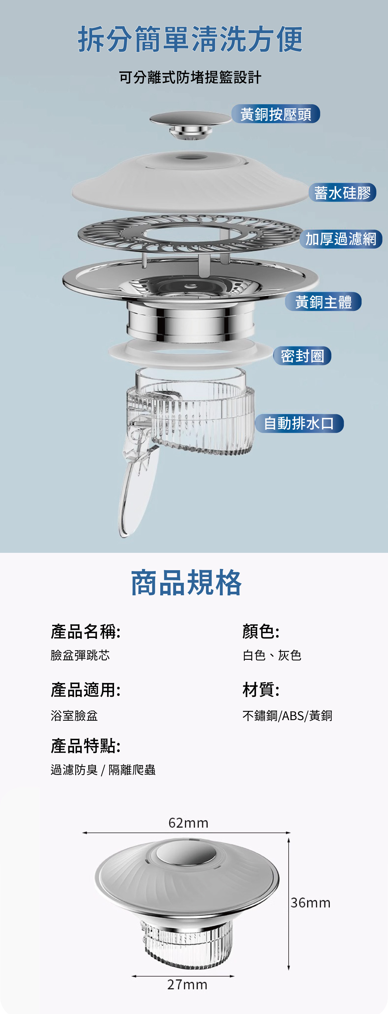 【APEX】臉盆防臭下水彈跳過濾密封塞