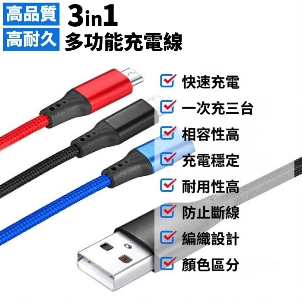 【超快感知】混色編織三合一充電線 提速30% 線頭加固 快充不燙