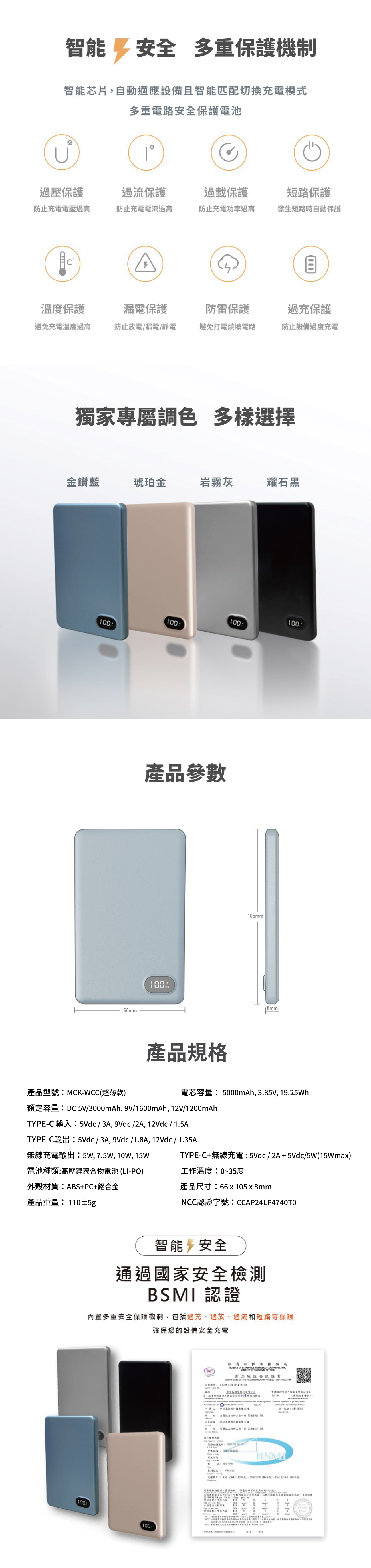 【MCK】超薄數顯磁吸行動電源 5000mAh-多色可選