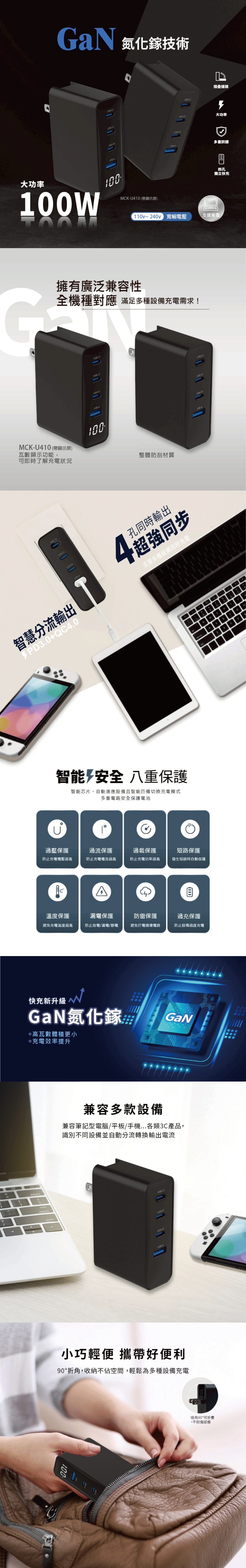 【MCK】3C1A極速100W GaN氮化鎵數顯四孔快充充電器(PD3.0+QC4.0)