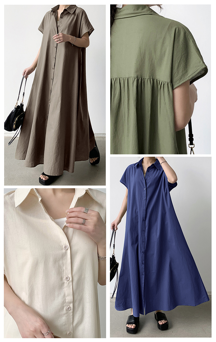 大尺碼棉麻寬鬆連衣襯衫 4色S-2XL可選 連衣裙 復古長裙 棉麻裙 休閒洋裝
