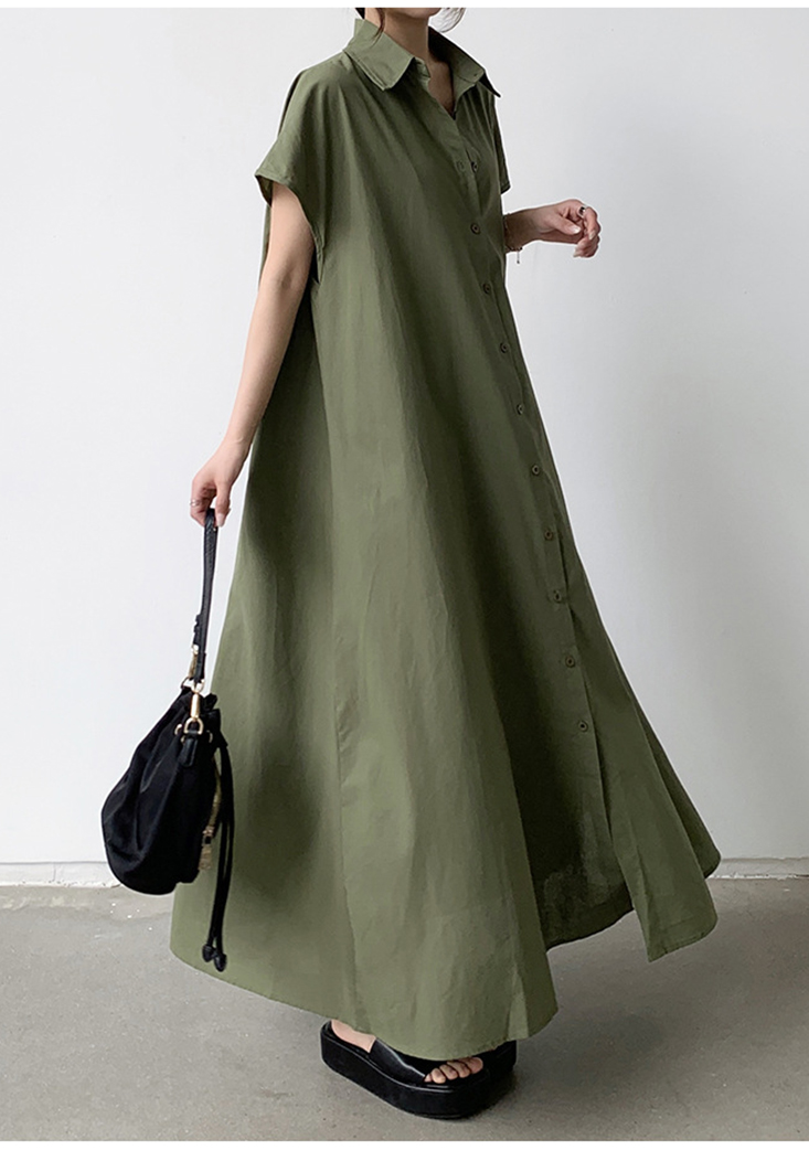 大尺碼棉麻寬鬆連衣襯衫 4色S-2XL可選 連衣裙 復古長裙 棉麻裙 休閒洋裝