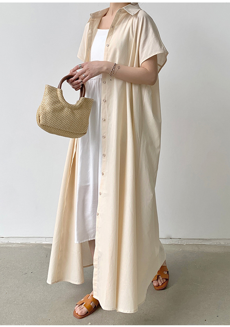 大尺碼棉麻寬鬆連衣襯衫 4色S-2XL可選 連衣裙 復古長裙 棉麻裙 休閒洋裝
