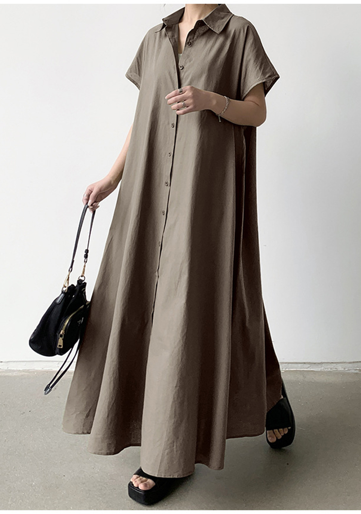 大尺碼棉麻寬鬆連衣襯衫 4色S-2XL可選 連衣裙 復古長裙 棉麻裙 休閒洋裝