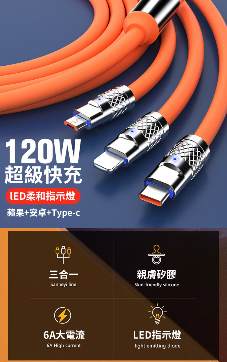 120W快充3合1充電線-1.2米