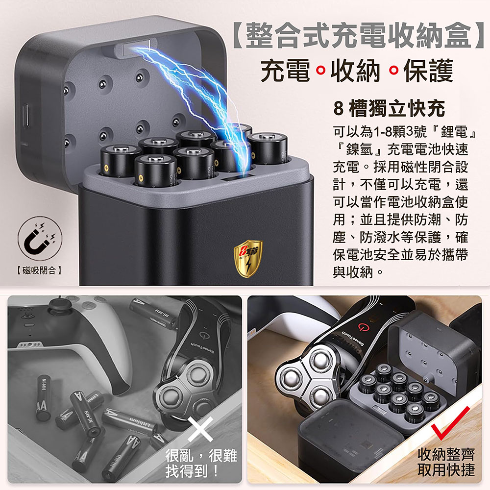 【8馬赫】3號/AA 恆壓可充式1.5V鋰電池全新特大能量3700mWh+(3號8槽)(鎳氫/鋰電 混充型)AI隨身收納盒充電器