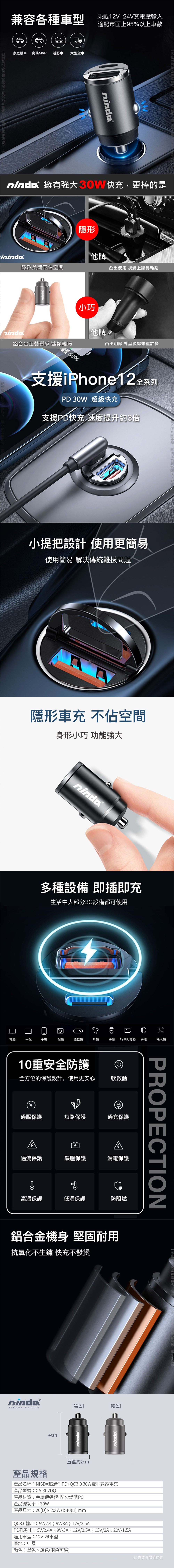 ninda 30W PD+QC3.0 雙孔車用快充充電器(1A+1C)