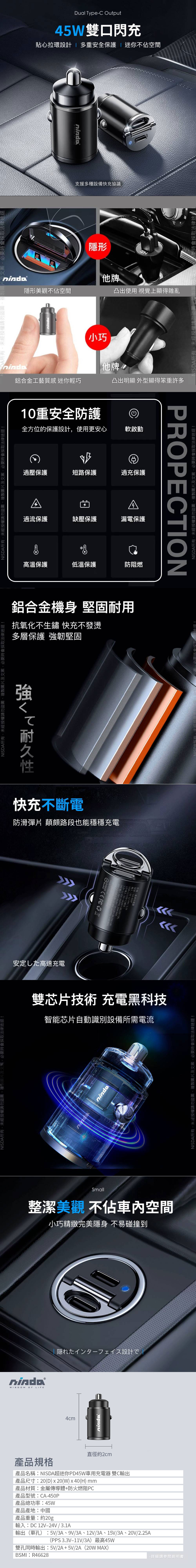 ninda 45W PD+PD3.0 雙孔車用快充充電器(雙C)