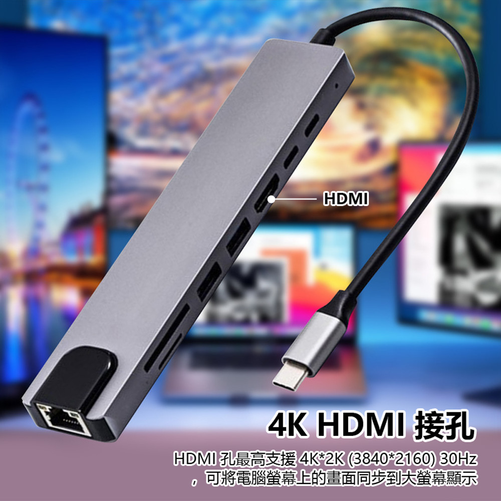 HUB-10 8IN1 Type-C接頭8合1集線器/充電器(4K HDMI+PD快充+RJ45網路孔+USB3.0/2.0+TF+SD+Type-C)