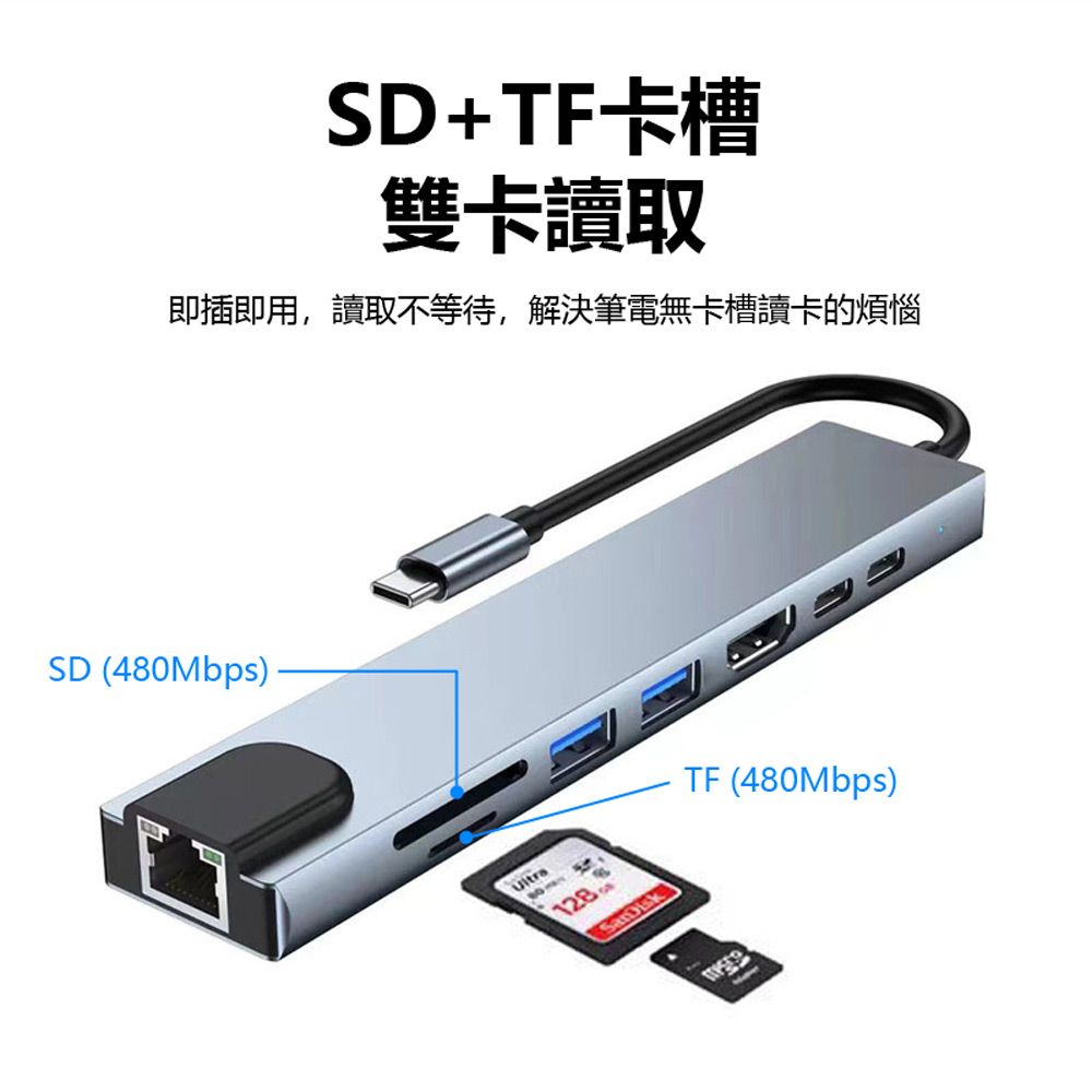 HUB-10 8IN1 Type-C接頭8合1集線器/充電器(4K HDMI+PD快充+RJ45網路孔+USB3.0/2.0+TF+SD+Type-C)