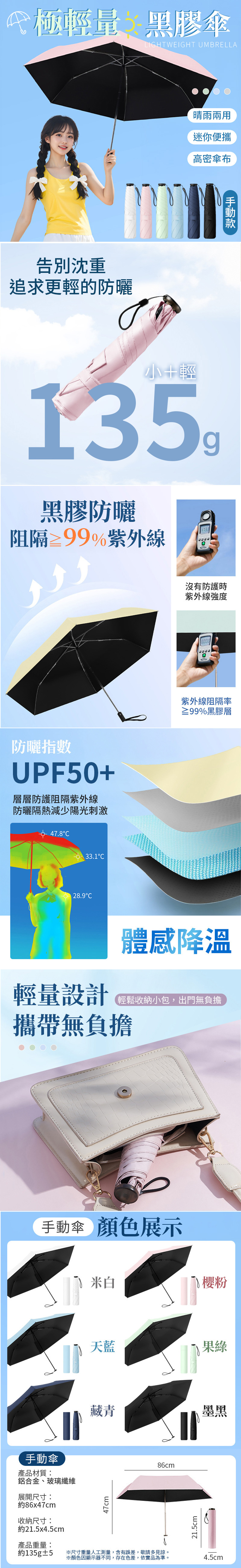 輕量黑膠羽毛雨傘-手動款