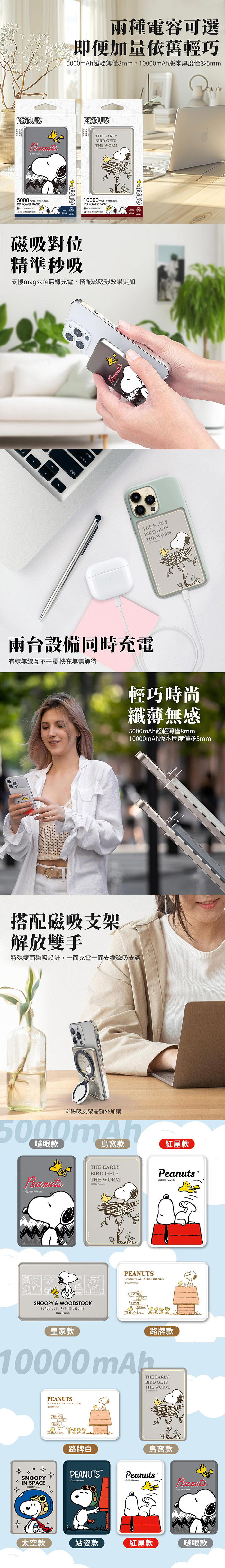 【正版授權】SNOOPY史努比 20W PD超薄磁吸無線快充行動電源 5000mAh 10000mAh