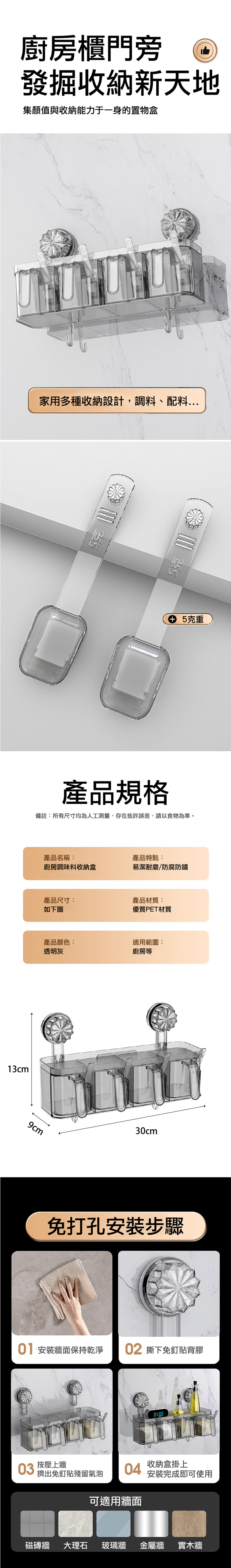 【APEX】輕奢四格廚房壁掛調味料盒-附調味勺