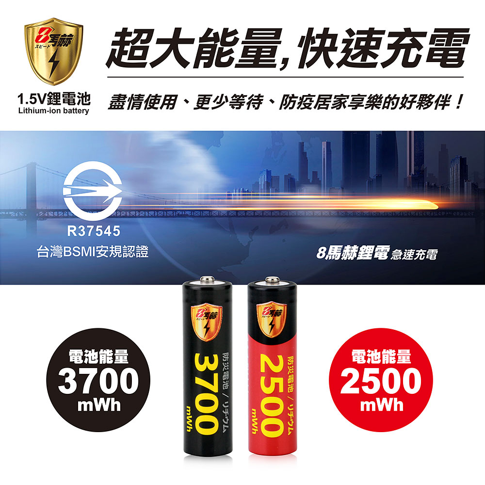 【8馬赫】3號/AA 恆壓可充式 1.5V鋰電池 全新特大能量 3700mWh 8入