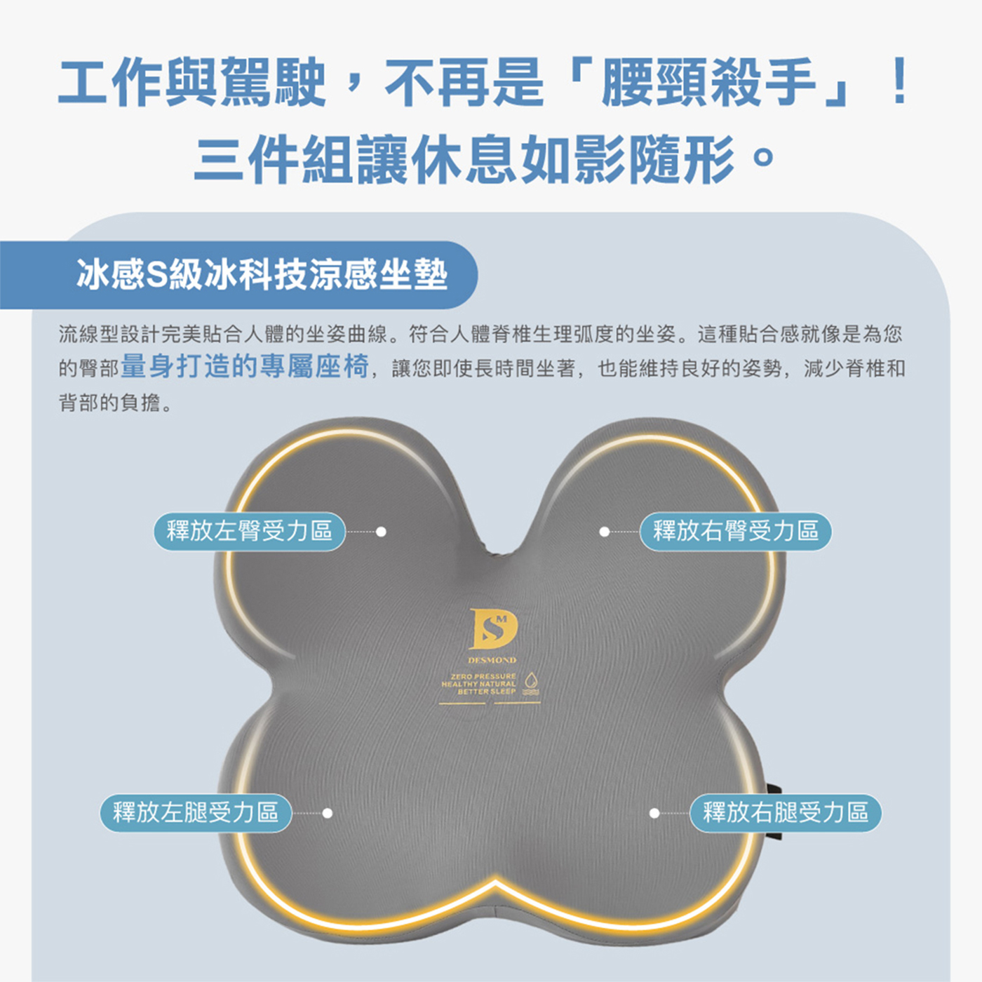 【BEST】冰感S極涼感腰靠墊/坐墊/護頸枕 記憶棉 護腰 可固定背墊 椅墊 腰靠枕 腰墊