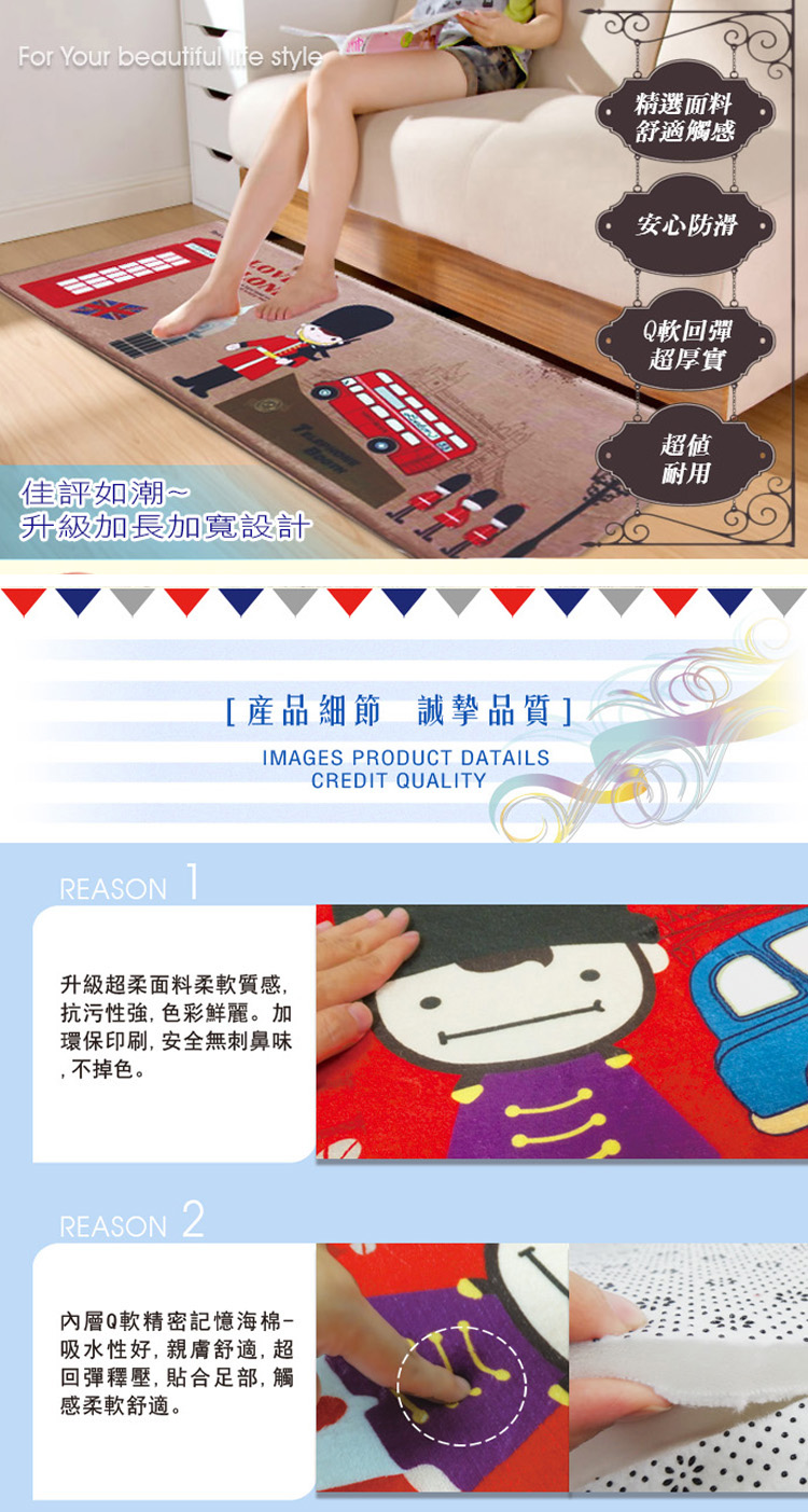 破萬團購-英倫風升級加寬加長型超回彈地墊50x130cm