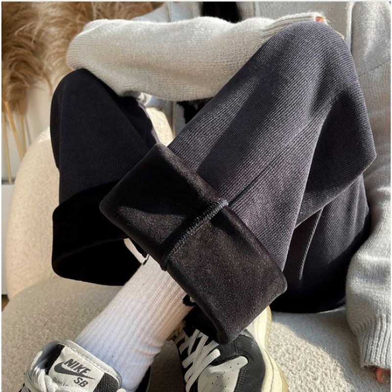 歐棉顯瘦百搭加絨直筒褲 S~XXL 40~72kgs 休閒女長褲垂感寬褲闊腿褲直筒褲保暖褲