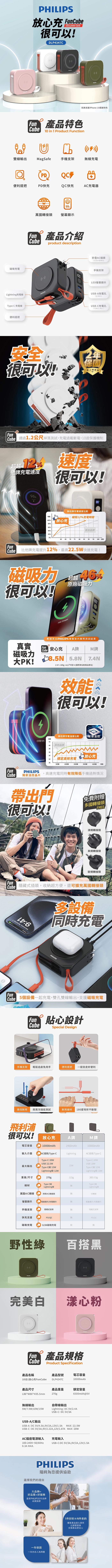 【Philips飛利浦】10000mAh多功能十合一螢幕顯示行動電源(磁吸/自帶雙線/無線/手機支架)