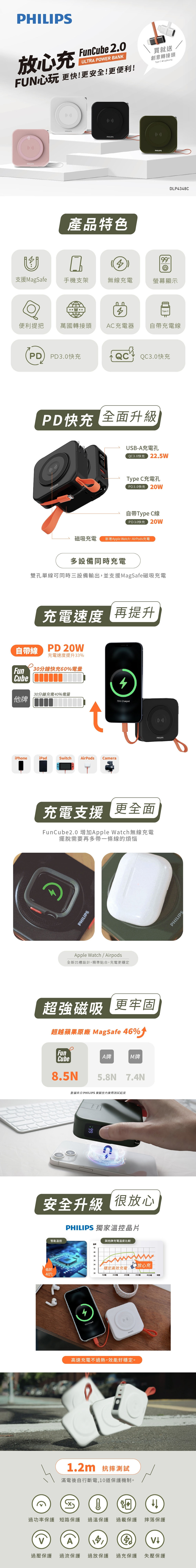 【Philips飛利浦】FunCube 2.0多合一磁吸行動電源 DLP4348C(磁吸/自帶C線/無線充/手機支架)