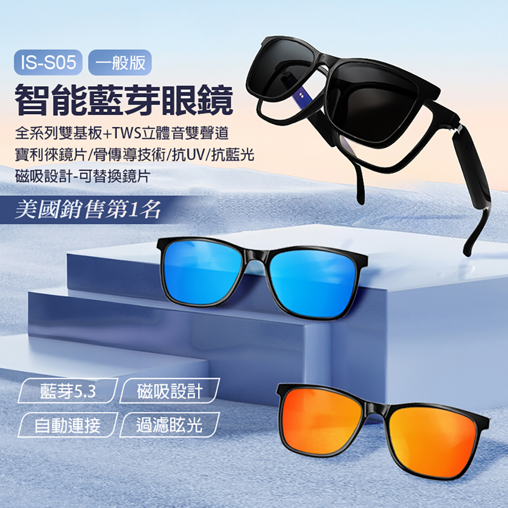 IS-S05 一般版 智能藍芽眼鏡(通過SGS認證 全系列雙基板+TWS立體音雙聲道 骨傳導技術 寶利徠鏡)