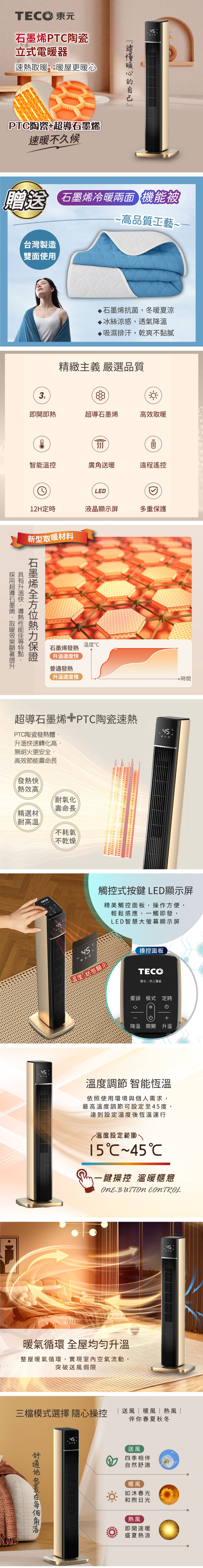 【TECO東元】石墨烯PTC陶瓷智能溫控電暖器/暖氣機/電暖爐(XYFYN3003CBG加贈石墨烯機能被)