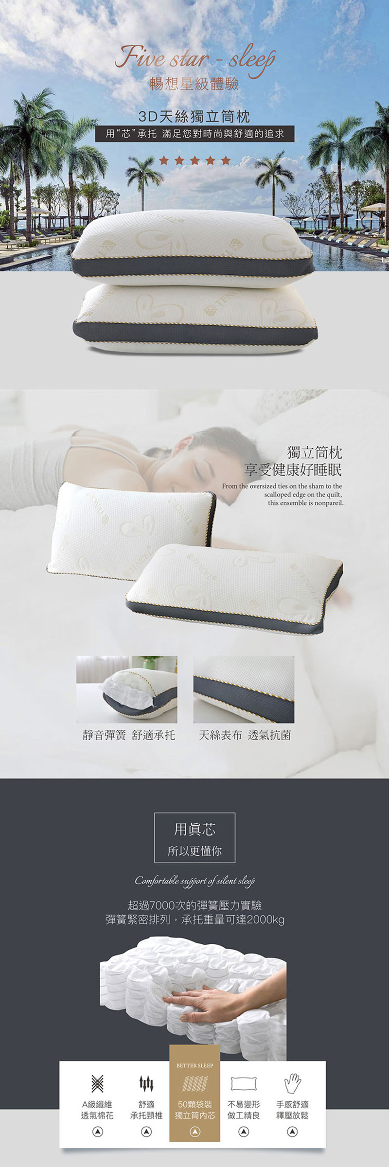 (20251209款式更新)【BEST】 台灣製造 3D天絲獨立筒枕 防蹣抗菌 彈簧枕 水洗枕 飯店枕 枕頭 枕心贈3M防潑水大和枕套-灰