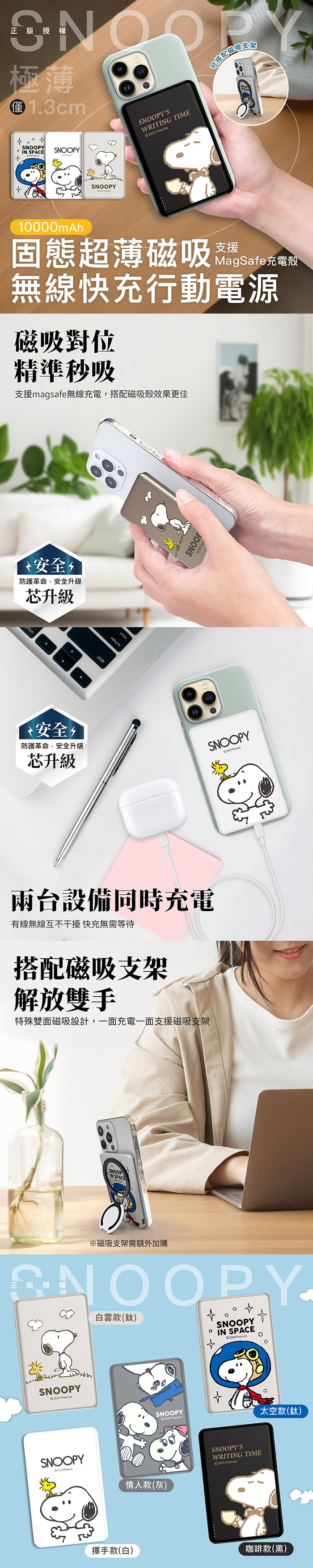 【正版授權】SNOOPY史努比 20W PD固態超薄磁吸無線快充行動電源 10000mAh