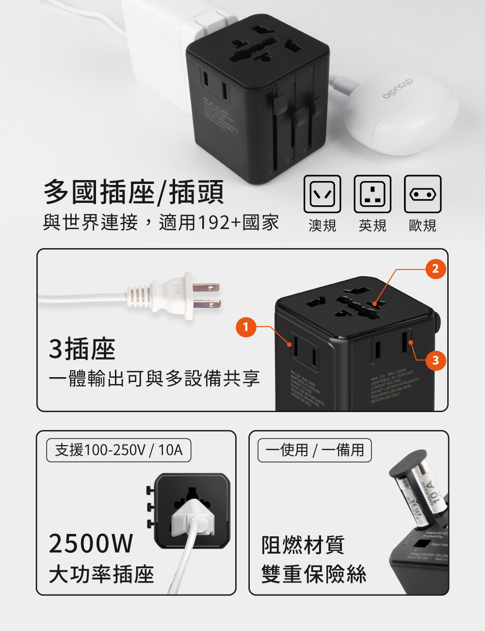 【DTAudio聆翔】3插座款 萬國旅行充 |2500W功率 旅行充電頭