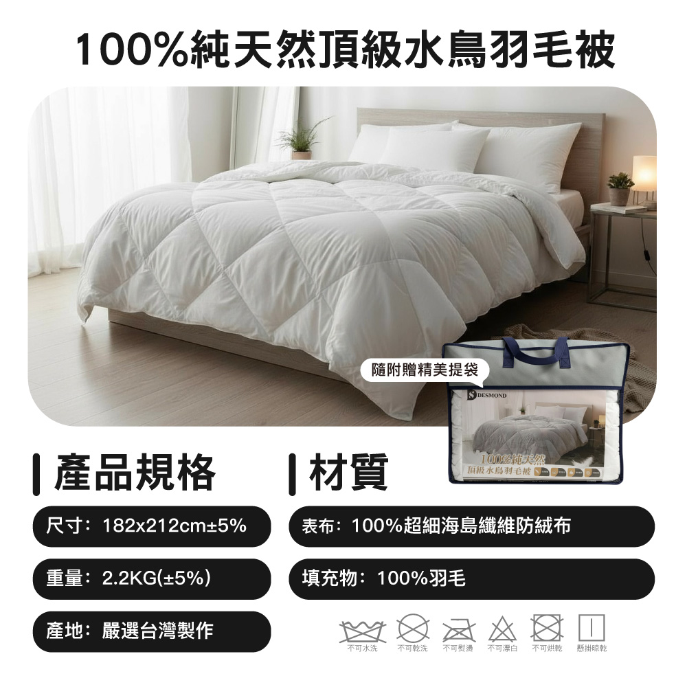 (20260122 新約) 【BEST】台灣製造 100%純天然水鳥羽毛被 100%超細海島纖維防絨布 雙人2.2kg