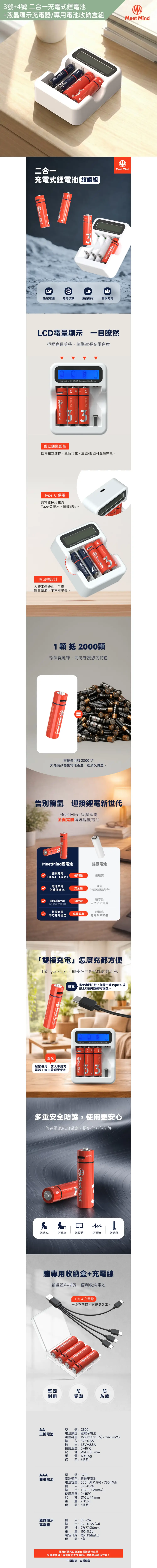 Meet Mind AAA/4號 二合一充電式鋰電池4入+液晶顯示充電器/專用電池收納盒組