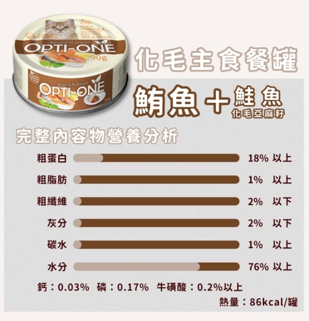 【歐力】OPTI-ONE 主食罐 化毛主食罐系列 (鮪魚+鯷魚+低升糖燕麥) 罐頭 貓罐頭 90g
